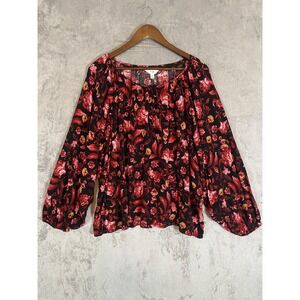 Terra & Sky Blouse Womens‎ 3X Black Red Floral Balloon Sleeve Flowy Gypsy Boho